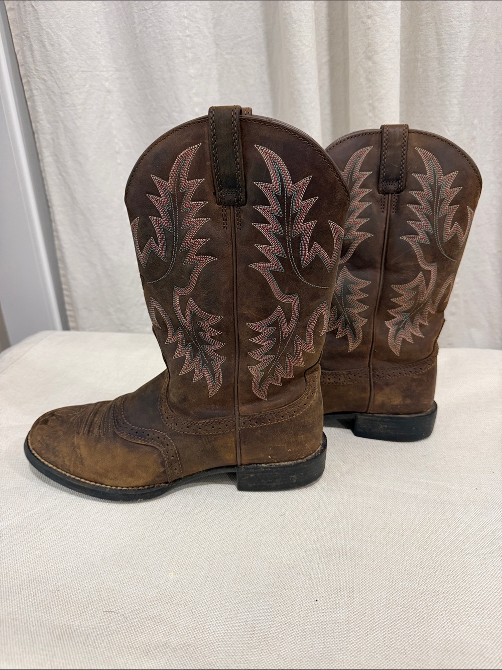 Ariat Brown Leather Western Boots with Pink Stitching